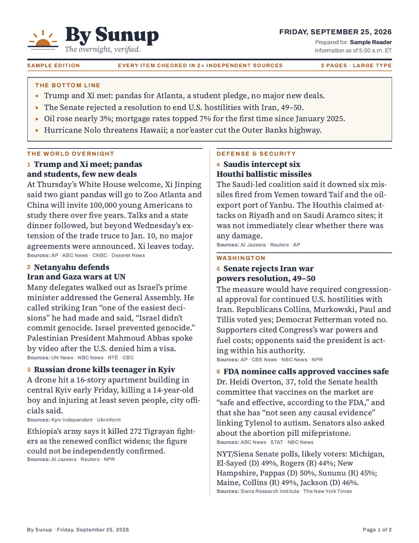 Page 1 of the By Sunup sample edition for Friday, September 25, 2026, showing the bottom line and the world, defense and Washington sections.