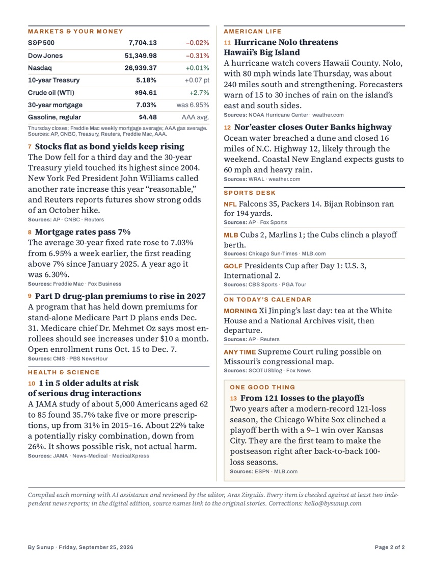 Page 2 of the sample edition, showing markets, health, American life, sports, today's calendar and one good thing.